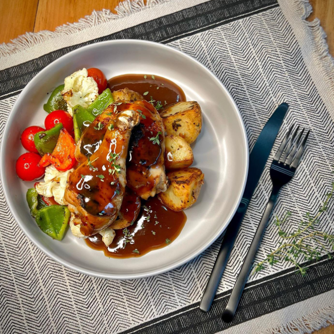 Maple-Glazed Tempeh with Thyme Roasted Potatoes