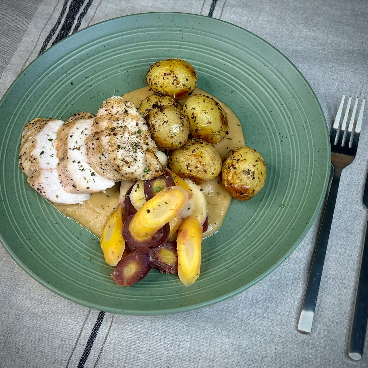 Roast Chicken with Steamed Vegetables, Rutabaga Mash and Mini Roasted Potatoes