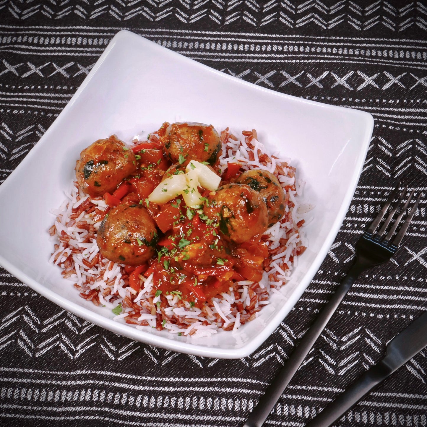 Pork Meatballs with Pineapple Chutney served with White and Red Rice