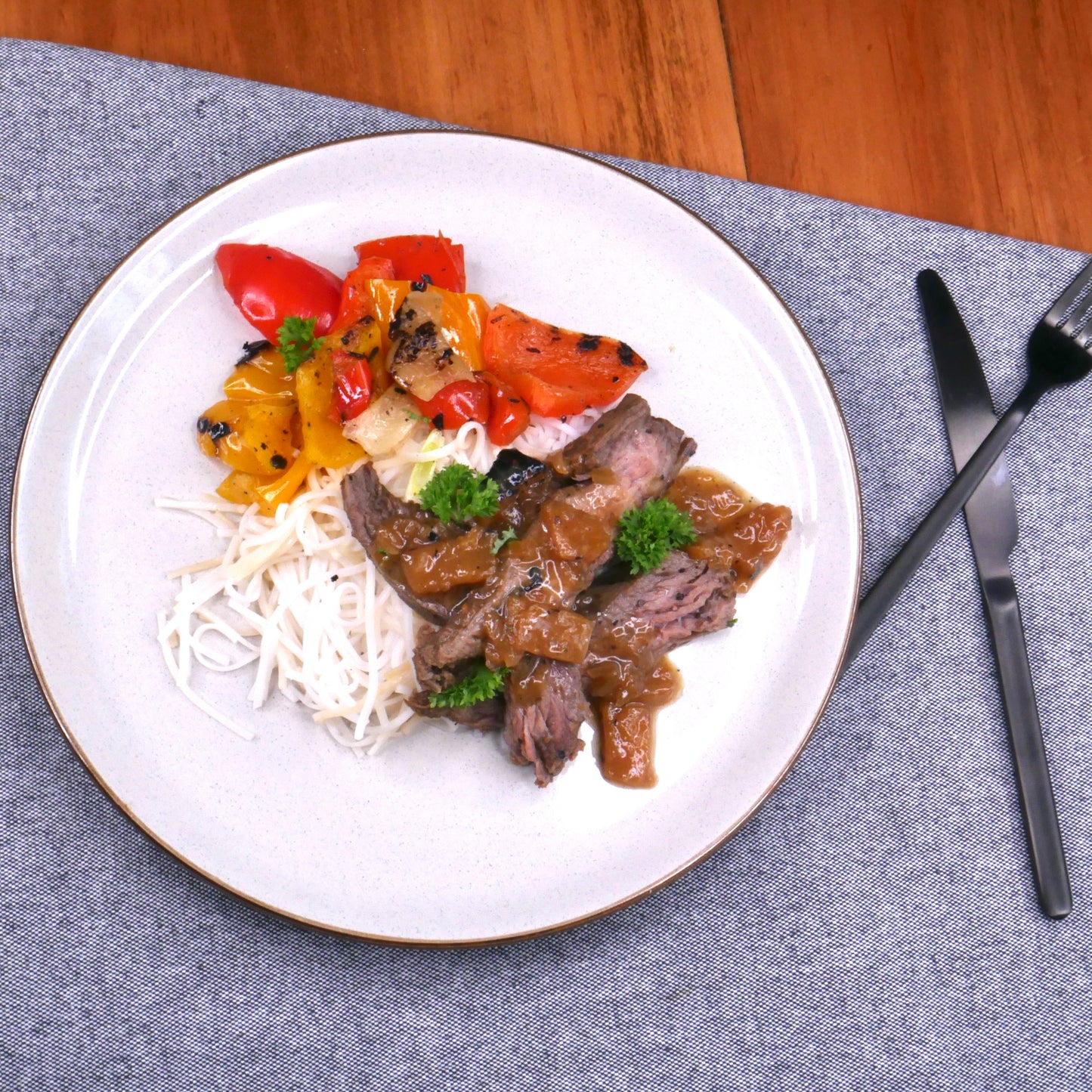 Grilled Maple Beef with Szechuan Pineapple Sauce on Vermicelli