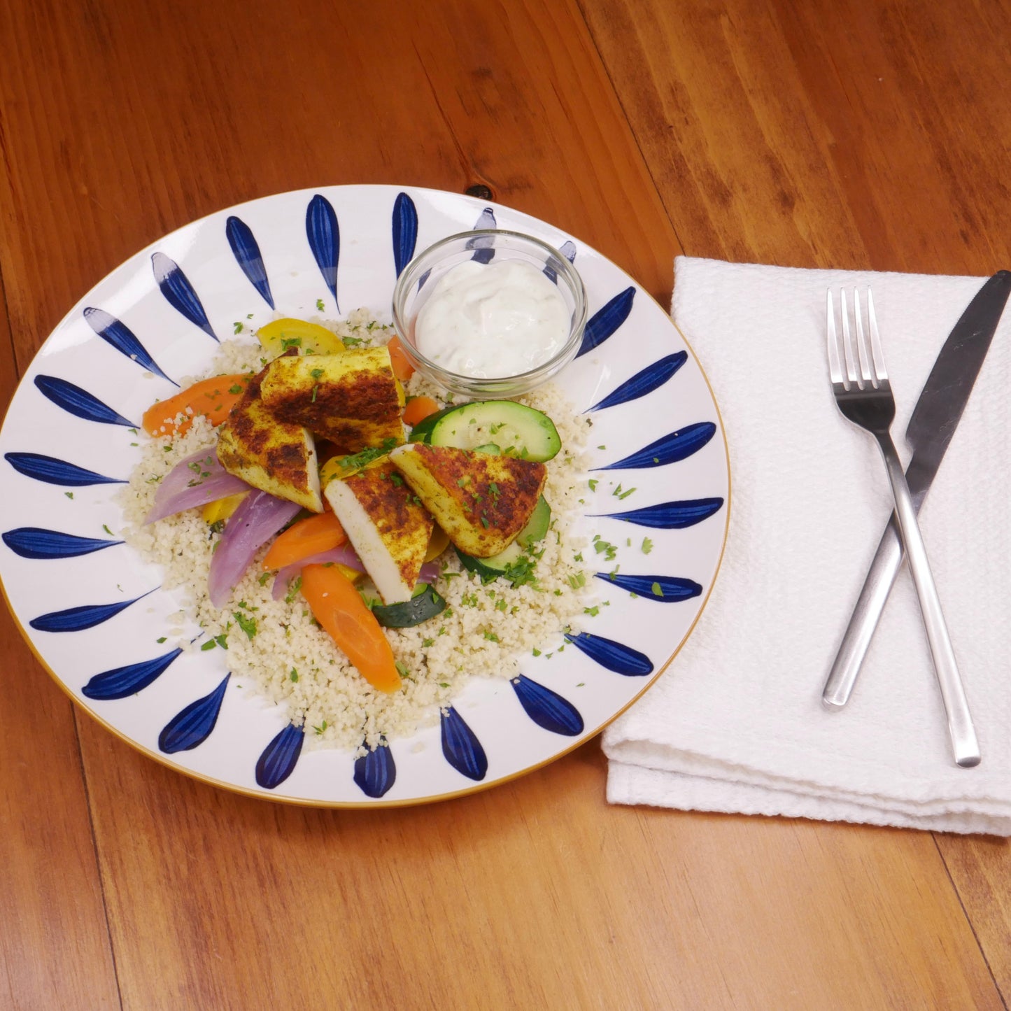 Couscous with Moroccan Halloumi / Yogurt, Honey and Lime Sauce