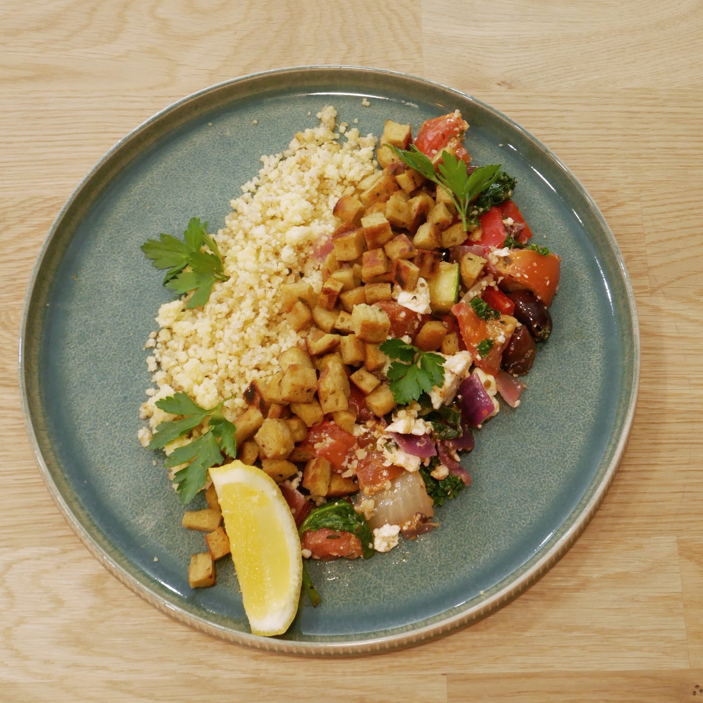 New! - Mediterranean Seitan Sauté with Couscous and Bulgur