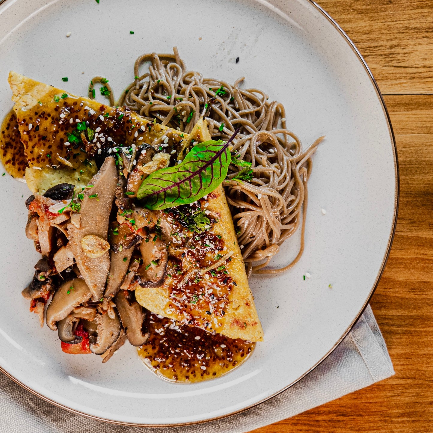 Grilled Tofu with Dijon Mustard Glaze, Sautéed Jackfruit and Mushrooms