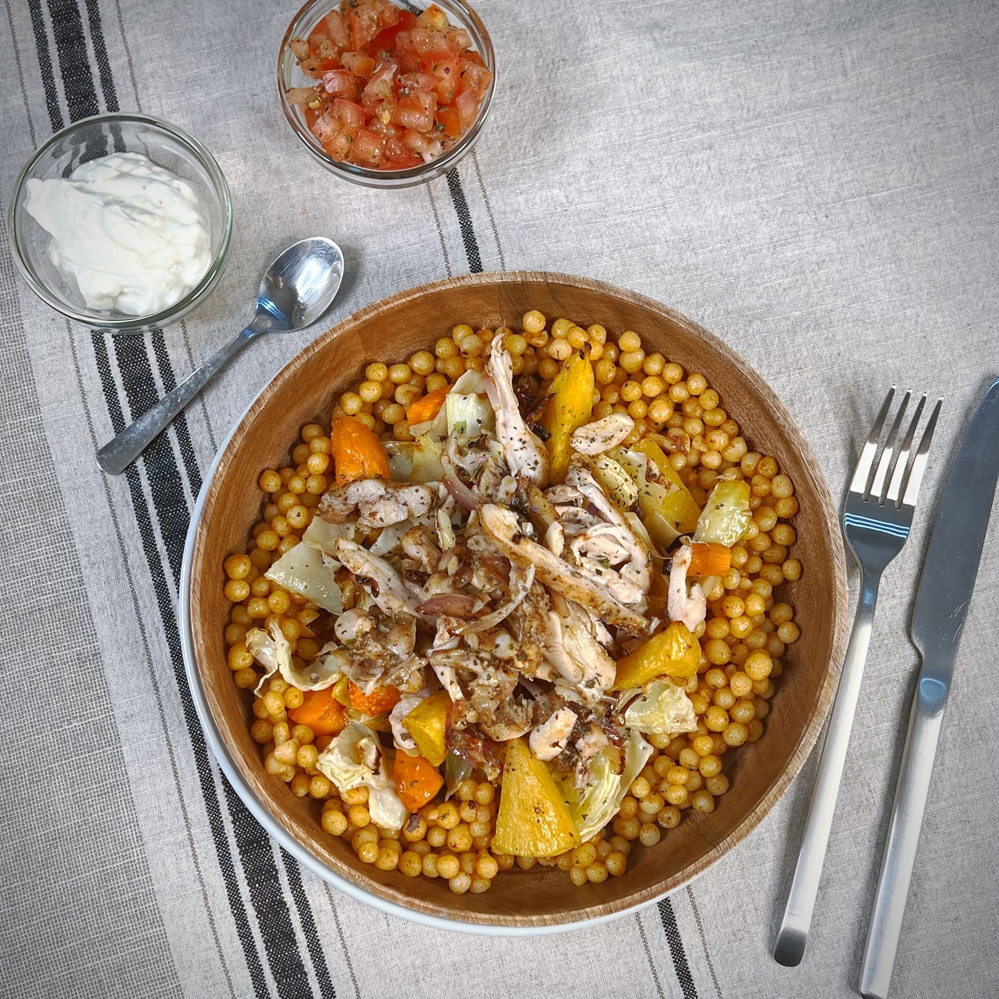 Chicken Shawarma with Pearl Couscous and Roasted Vegetables