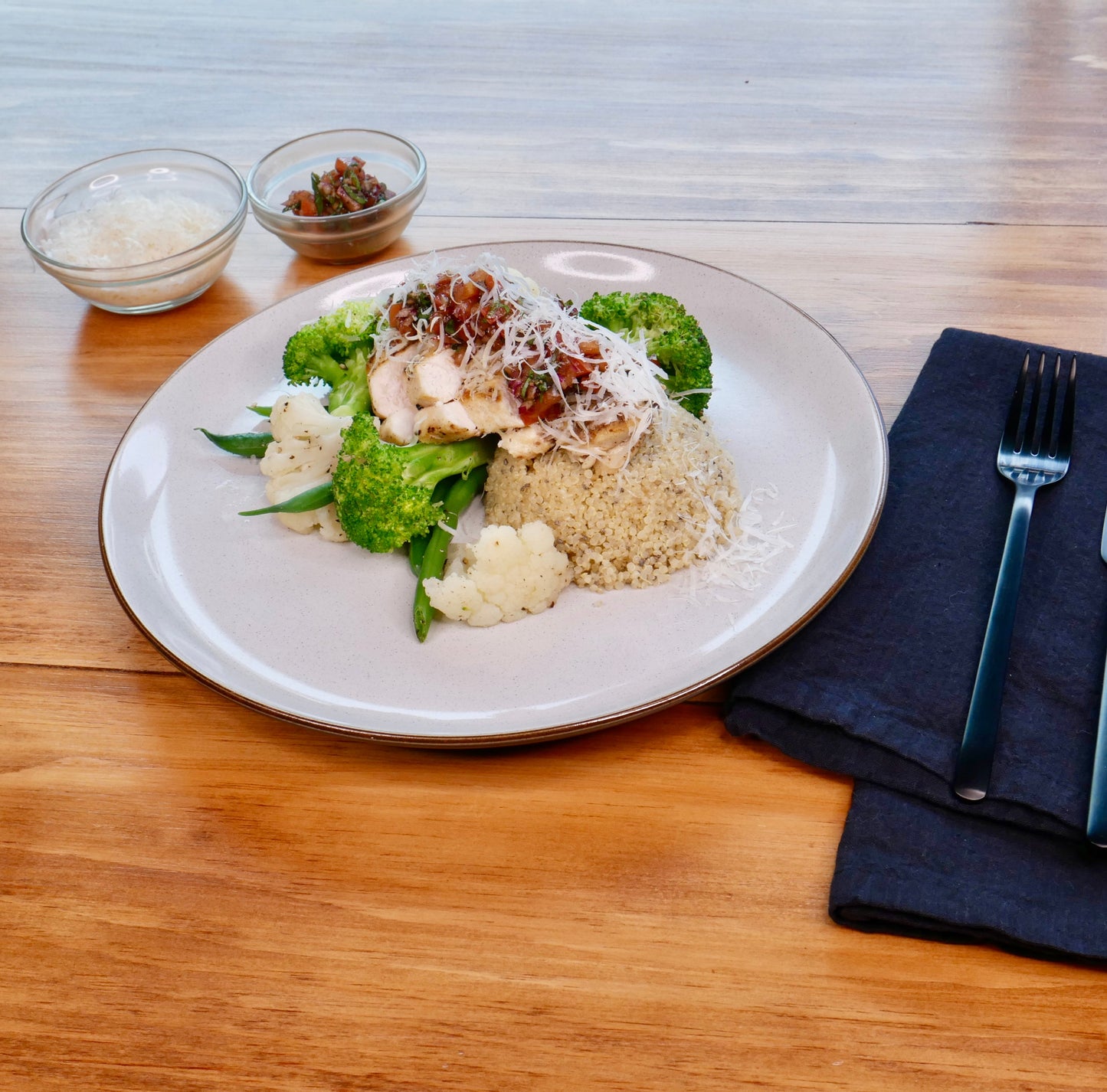 Bruschetta and Parmesan Marinated Tofu with Quinoa