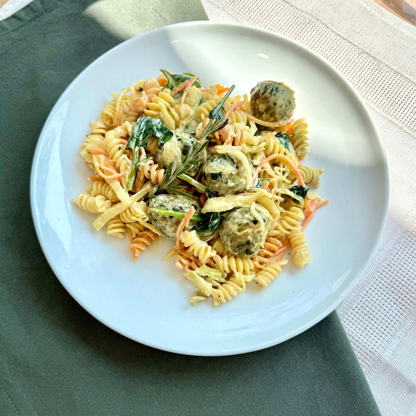 Chickpea and Spinach Meatballs with Creamy Orange Sauce on Fusilli