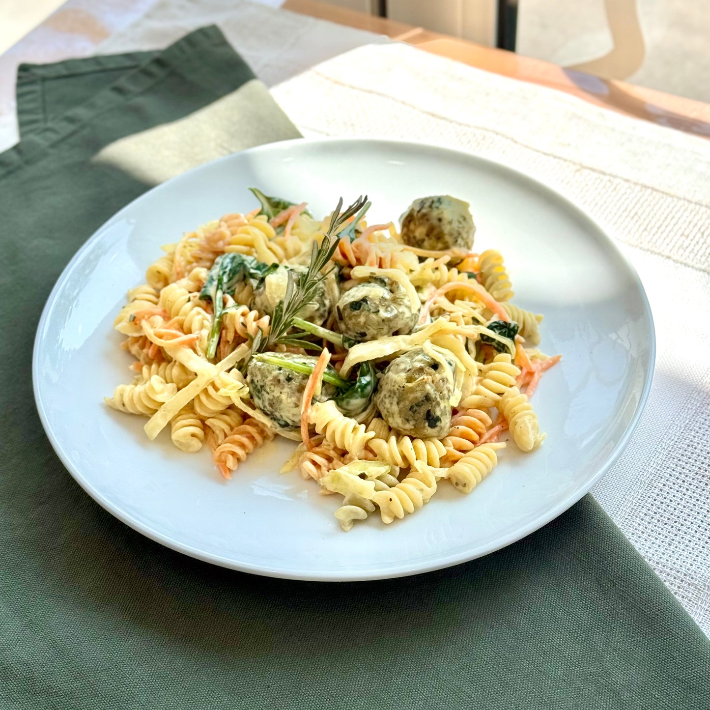 Chickpea and Spinach Meatballs with Creamy Orange Sauce on Fusilli
