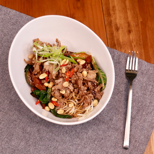 Stir-Fried Caramelized Pork and Cucumbers with Chow Mein Noodles