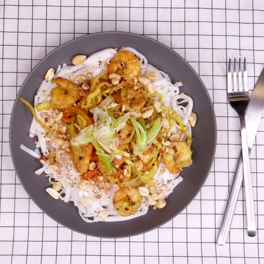 Crevettes au Curcuma avec Nouilles de Riz
