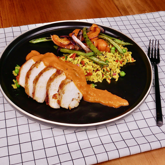 SEITAN Piri Piri avec Riz au Curcuma et Légumes Grillés