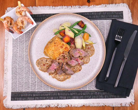 **Petite Quantité disponible** - Bavette de Bœuf Sauce au Vin et Poivre Rose avec Gratin de Pommes de terre