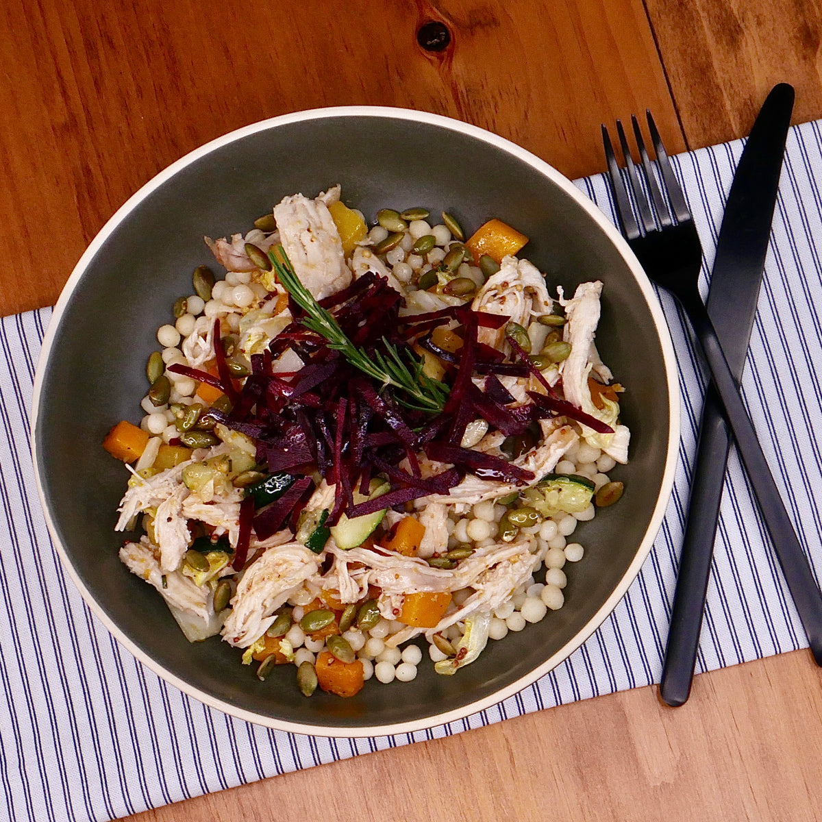 Roasted Vegetable Bowl with Grilled Chicken and Pearl Couscous / Maple and Grapefruit Vinaigrette