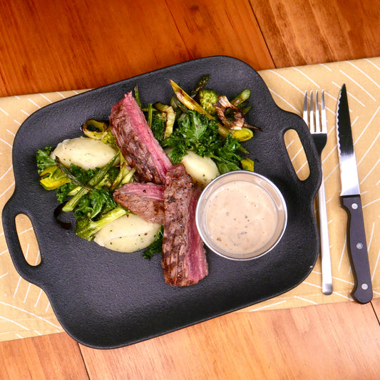 Grilled Beef with Peppercorn Sauce, Grilled Vegetables, and Mashed Potatoes