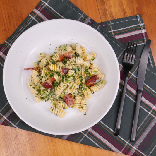 Fusilli Crémeuse à la Citrouille et Gouda avec Bacon Confit