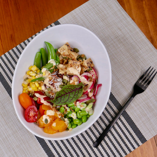 Citrus Marinated Tempeh Bowl with White and Red Rice