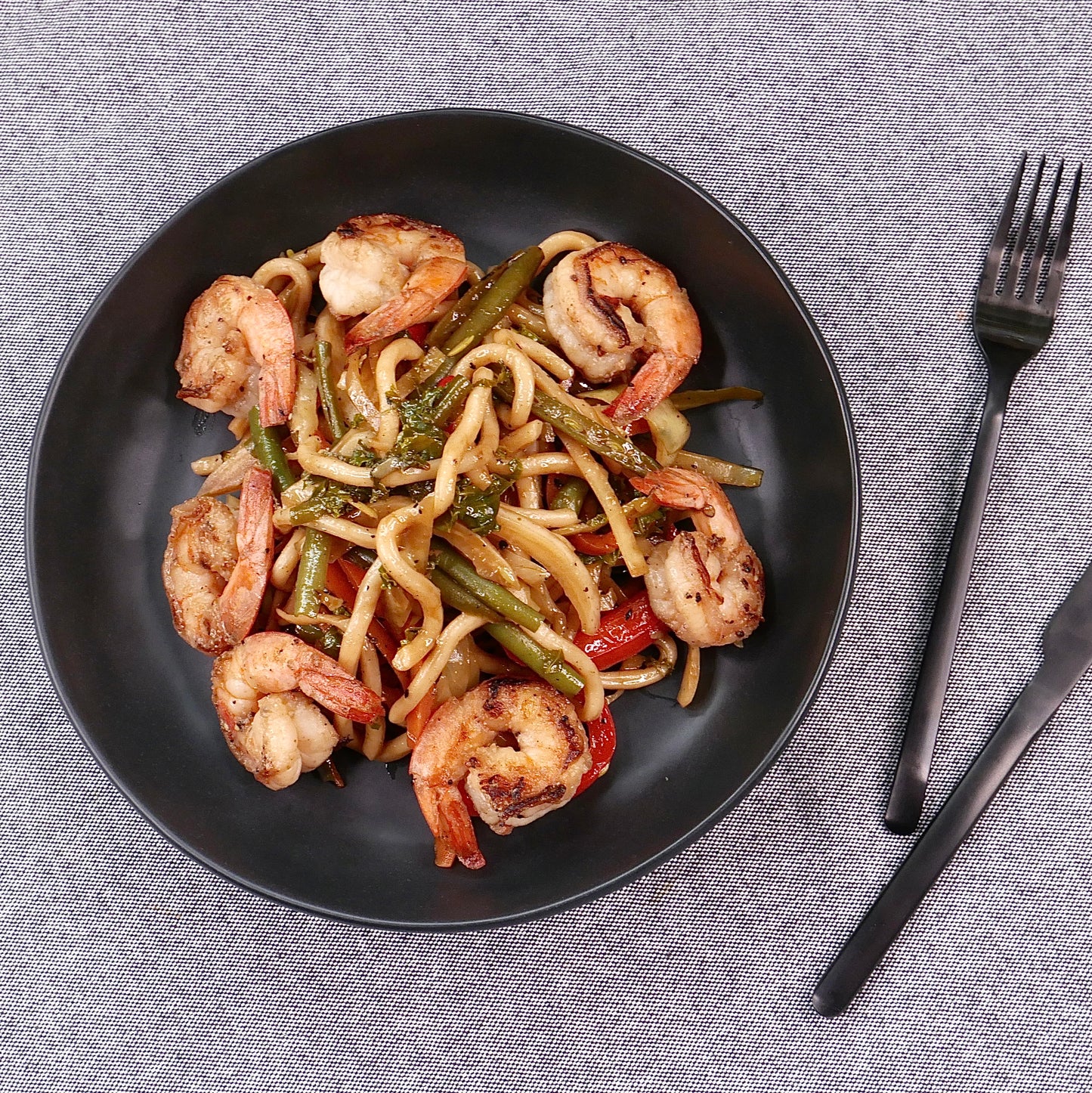New meal! Udon Noodle Stir-fry with Vegetables and Shrimp