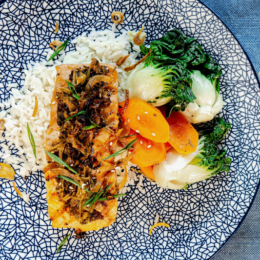 Saumon Grillé Chutney de Poireaux et Fenouil avec Riz